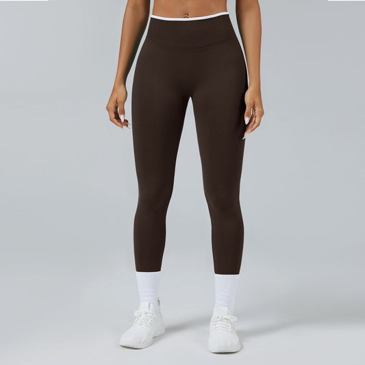 Seamless knitted tight high-waist sports yoga pants in brown; quick-drying.