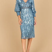 Lara 28855 - Beaded A-line Midi Dress with Long Sleeves