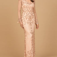 Beaded Long Sleeve V-neck Gown