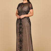 Beaded Cap Sleeve Illusion Plunge Gown | Lara 28869