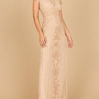 Beaded Cap Sleeve Illusion Plunge Gown | Lara 28869