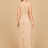 Beaded Cap Sleeve Illusion Plunge Gown | Lara 28869