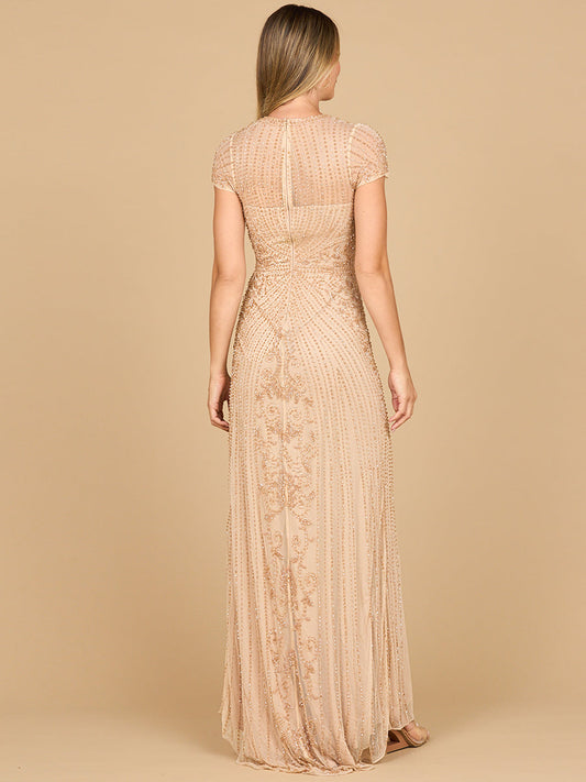 Beaded Cap Sleeve Illusion Plunge Gown | Lara 28869