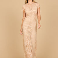 Beaded Cap Sleeve Illusion Plunge Gown | Lara 28869
