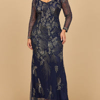 Long Sleeve Queen Anne Beaded Gown