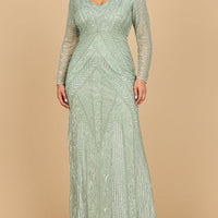 Lara 28875-  Long Sleeve Geometric Beaded Gown
