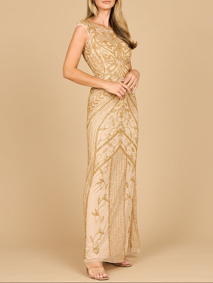Lara 28876 - Beaded Cap Sleeve Sheath Gown - MANDOTOS INTERNATIONALDress