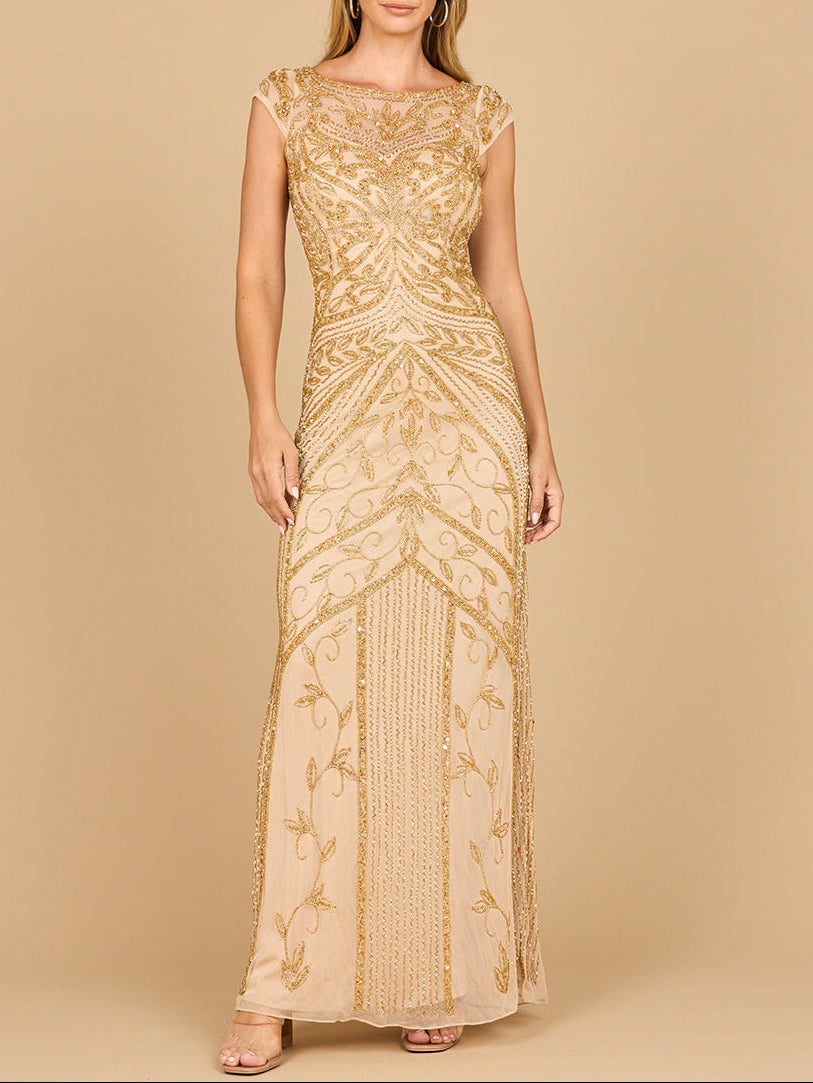 Lara 28876 - Beaded Cap Sleeve Sheath Gown - MANDOTOS INTERNATIONALDress