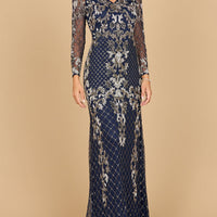 Lara 28877-  Long Sleeve Contrast Beaded Gown