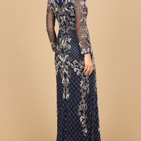 Lara 28877-  Long Sleeve Contrast Beaded Gown