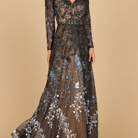 Lara 28878- Long Sleeve V-Neck Ombre Lace Gown - MANDOTOS INTERNATIONALDress