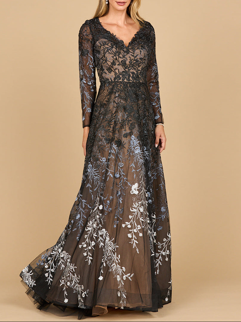 Lara 28878- Long Sleeve V-Neck Ombre Lace Gown - MANDOTOS INTERNATIONALDress