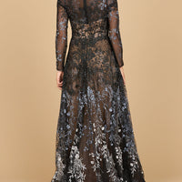Lara 28878- Long Sleeve V-Neck Ombre Lace Gown - MANDOTOS INTERNATIONALDress