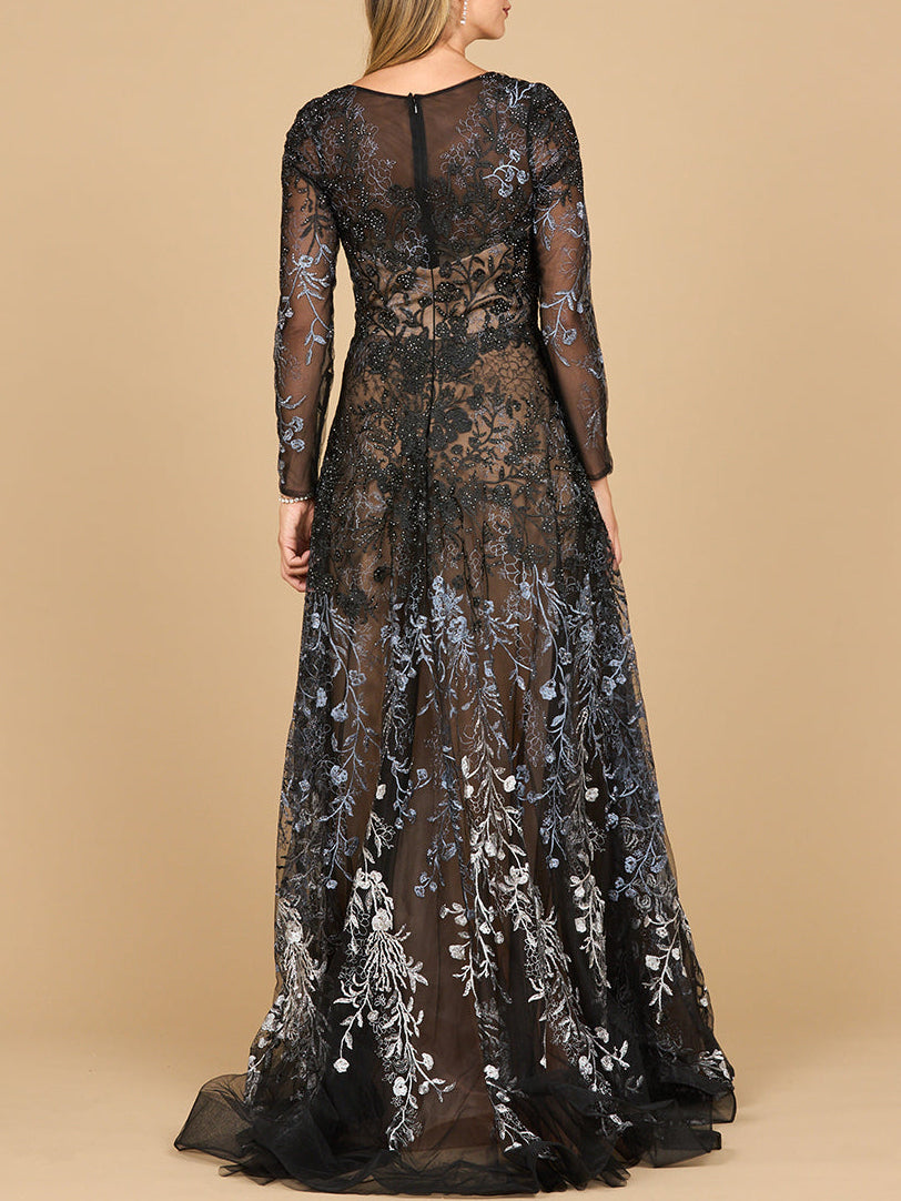Lara 28878- Long Sleeve V-Neck Ombre Lace Gown - MANDOTOS INTERNATIONALDress