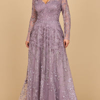 Lara 28878- Long Sleeve V-Neck Ombre Lace Gown - MANDOTOS INTERNATIONALDress