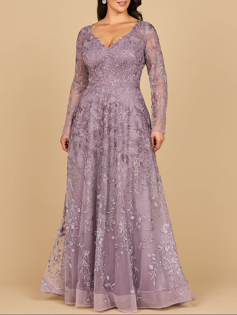 Lara 28878- Long Sleeve V-Neck Ombre Lace Gown - MANDOTOS INTERNATIONALDress