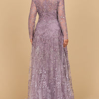 Lara 28878- Long Sleeve V-Neck Ombre Lace Gown - MANDOTOS INTERNATIONALDress