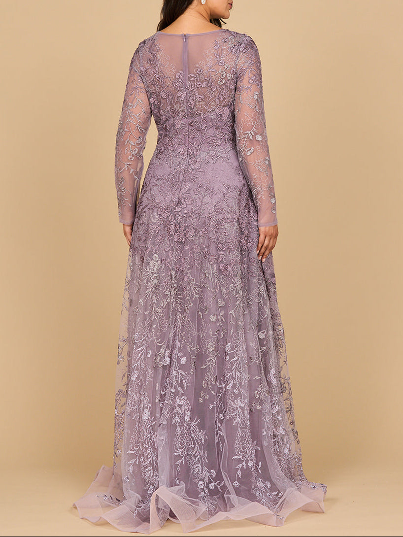 Lara 28878- Long Sleeve V-Neck Ombre Lace Gown - MANDOTOS INTERNATIONALDress