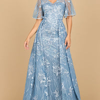 Lara 28880- Overskirt Lace Fitted V-Neck Gown with Cape Sleeves
