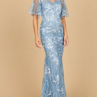 Lara 28880- Overskirt Lace Fitted V-Neck Gown with Cape Sleeves