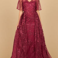 Lara 28880- Overskirt Lace Fitted V-Neck Gown with Cape Sleeves