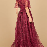 Lara 28880- Overskirt Lace Fitted V-Neck Gown with Cape Sleeves