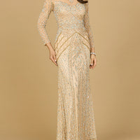 Illusion Neck, Long Sleeve Beaded Gown - MANDOTOS INTERNATIONALDress