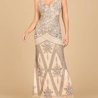 Contrast Beaded V-Neck Fitted Gown