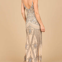 Contrast Beaded V-Neck Fitted Gown