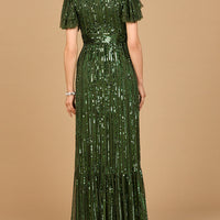Elegant Beaded Gown with Flutter Sleeves