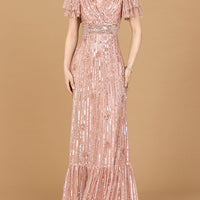 Elegant Beaded Gown with Flutter Sleeves