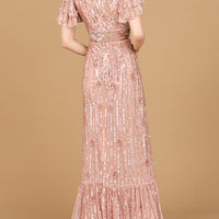 Elegant Beaded Gown with Flutter Sleeves
