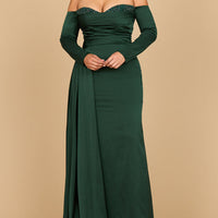 Lara 28936 - Off Shoulder Satin Dress with Beaded Details