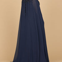 Lara 28943- Chiffon A-line Long Gown with Long Cape Sleeves
