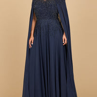 Lara 28943- Chiffon A-line Long Gown with Long Cape Sleeves