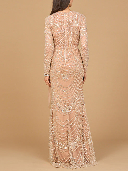 Beaded Long Sleeve Gown with Tulle Applique - MANDOTOS INTERNATIONALDress