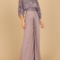 Lara 28950- Draped Skirt Gown with Cape Sleeves
