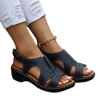 Women's Velcro Cutout Sandals with a chunky sole and open toe in navy blue faux leather