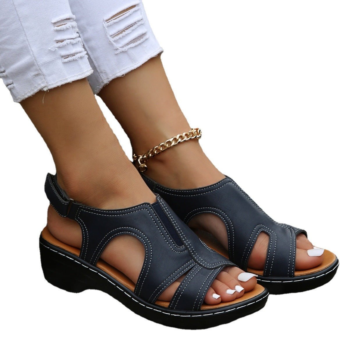 Women's Velcro Cutout Sandals with a chunky sole and open toe in navy blue faux leather