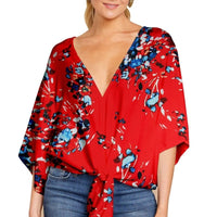 New V Neck Blouse Women Leopard Print Shirts Floral Tie Front Blouses Batwing Summer Oversize Ladies Tops - MANDOTOS INTERNATIONAL0