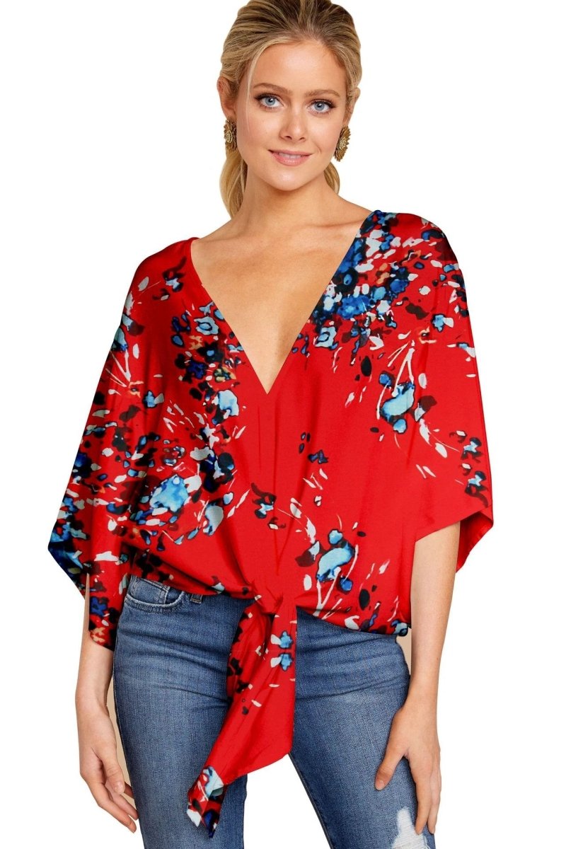 New V Neck Blouse Women Leopard Print Shirts Floral Tie Front Blouses Batwing Summer Oversize Ladies Tops - MANDOTOS INTERNATIONAL0