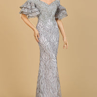 Off Shoulder Mermaid Beaded Gown with Tiered Sleeves