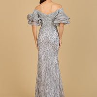 Off Shoulder Mermaid Beaded Gown with Tiered Sleeves