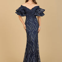 Off Shoulder Mermaid Beaded Gown with Tiered Sleeves