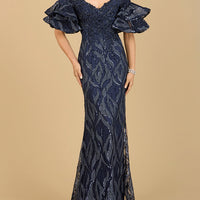 Off Shoulder Mermaid Beaded Gown with Tiered Sleeves