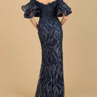 Off Shoulder Mermaid Beaded Gown with Tiered Sleeves