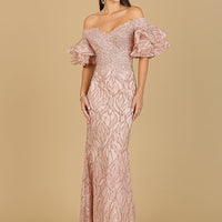Off Shoulder Mermaid Beaded Gown with Tiered Sleeves