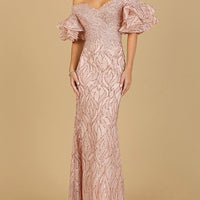 Off Shoulder Mermaid Beaded Gown with Tiered Sleeves
