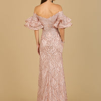 Off Shoulder Mermaid Beaded Gown with Tiered Sleeves
