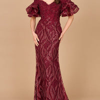 Off Shoulder Mermaid Beaded Gown with Tiered Sleeves